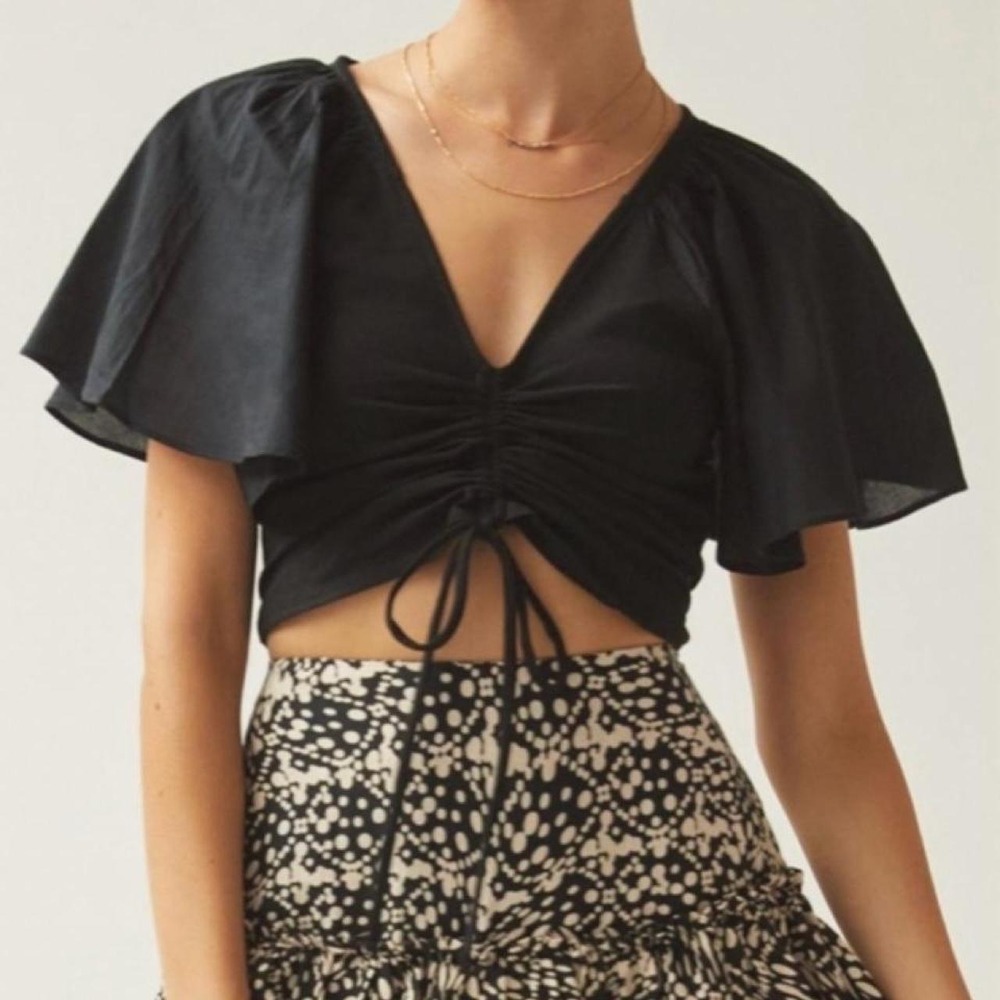 Maeve Anthropologie Ruched Drawstring Flutter Sleeve Crop Top Black XL